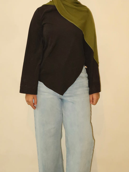 Nara Asymmetrical Wide Sleeve Top - Black